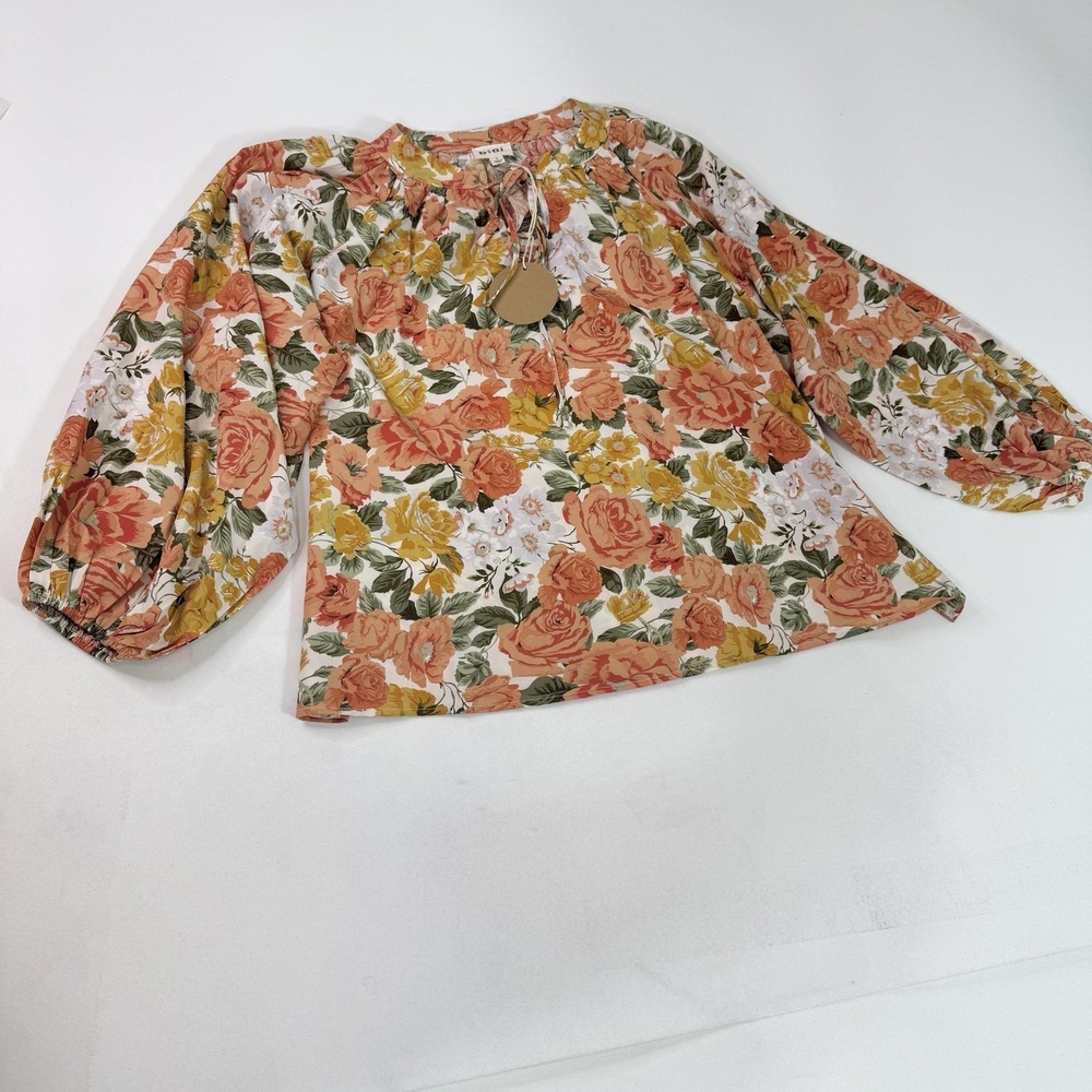 BiBi Blouse Womens Small Orange Yellow Floral Balloon Sleeve Peasant Boho Top